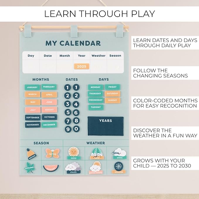 Beautiful Toddler and Kids Calendar - Perfect Homeschool Supplies With Months, Days of the Week, Season and Weather - Cute Play Room Decor Essentials for Preschool Learning & Organization