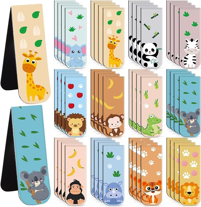 Nezyo 48 Pcs Magnetic Bookmarks Cute Dogs Cats Magnet Page Markers Puppy Magnetic Page Clips Bookmarks Pet Magnet Book Markers for Reading Party Supplies(Safari Animal)