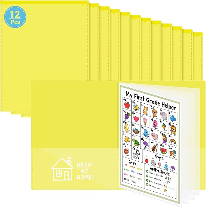 12 Pcs Take Home Folders for Elementary Students,Back to School 2 Pocket Folders with Clear Front Pocket 4 Inner Pockets,Plastic Parent Teacher Communication Folder 11.81 x 9.45 Inch (Yellow)