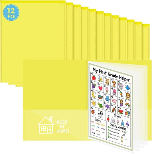 12 Pcs Take Home Folders for Elementary Students,Back to School 2 Pocket Folders with Clear Front Pocket 4 Inner Pockets,Plastic Parent Teacher Communication Folder 11.81 x 9.45 Inch (Yellow)