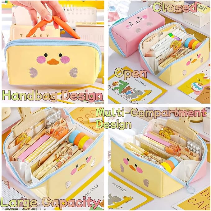 Cute Kawaii Pencil Case Pouch with Handle Cartoon Animal Large Capacity Pen Box Holder Organizer for Office Workspace Supplies Desk Accessories Travel Essentials Trendy Gift (Pink Bunny)