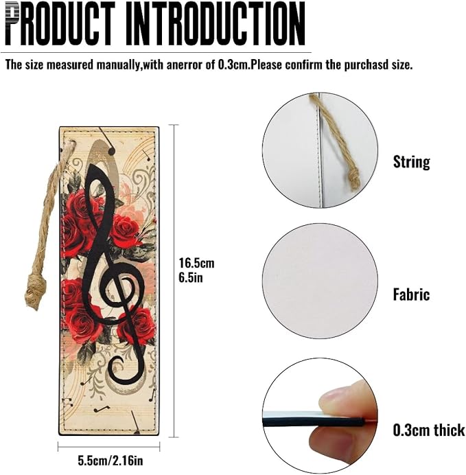 Bookmark 2 PCS Leather Bookmarks for Women, Men, Book Lovers, Music Note Roses Page Markers for Students Teachers Reading