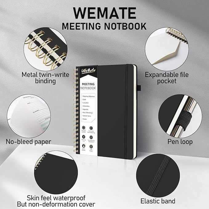 WEMATE 5 Pack Meeting Notebooks for Work（7"x10"） 200 Pages, PU Leather Notebook with Action Items & Note, For Staff & Students, Meeting, Projects Planning - All Black Set