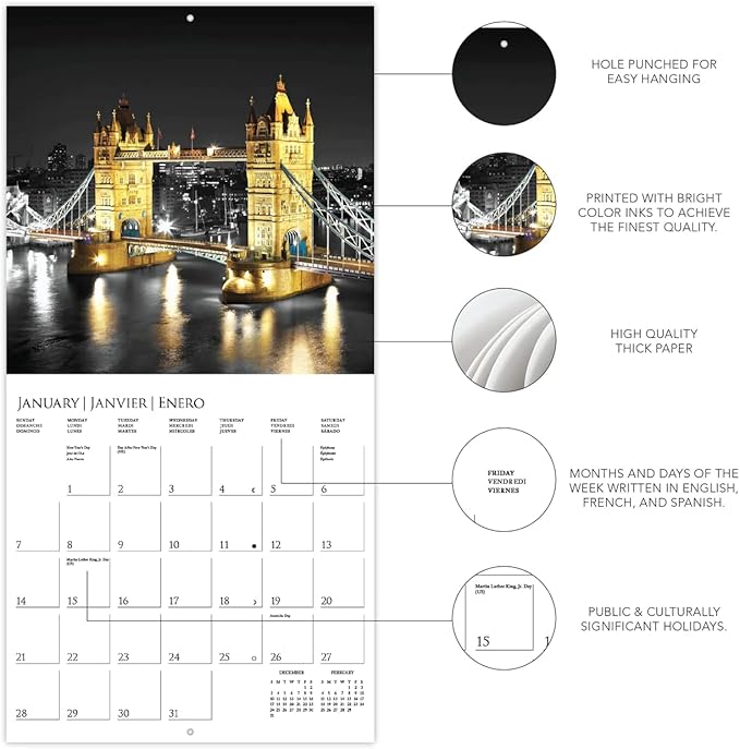 Graphique 2024 London Glitz Wall Calendar | 12” x 12” | Thick Paper | Home & Office Organizer | Large Monthly Grid | 3 Languages & Marked Holidays | 4 Month Preview Page for 2025
