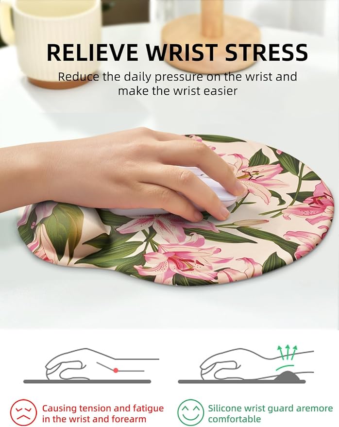 Lily Floral Mouse Pad Wrist Support Wrist Rest, Flower Ergonomic Mouse Pad with Non-Slip Base for Office Gaming Working Computers,Desk Accessories Pain Relief Mouse Mat, Green