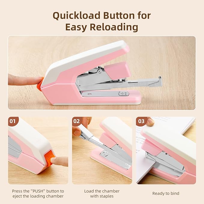 Deli Effortless Desktop Stapler, Heavy Duty Stapler, 40-50 Sheet Capacity, One Finger, No Effort, Includes 1500 Staples & Staple Remover, Pink