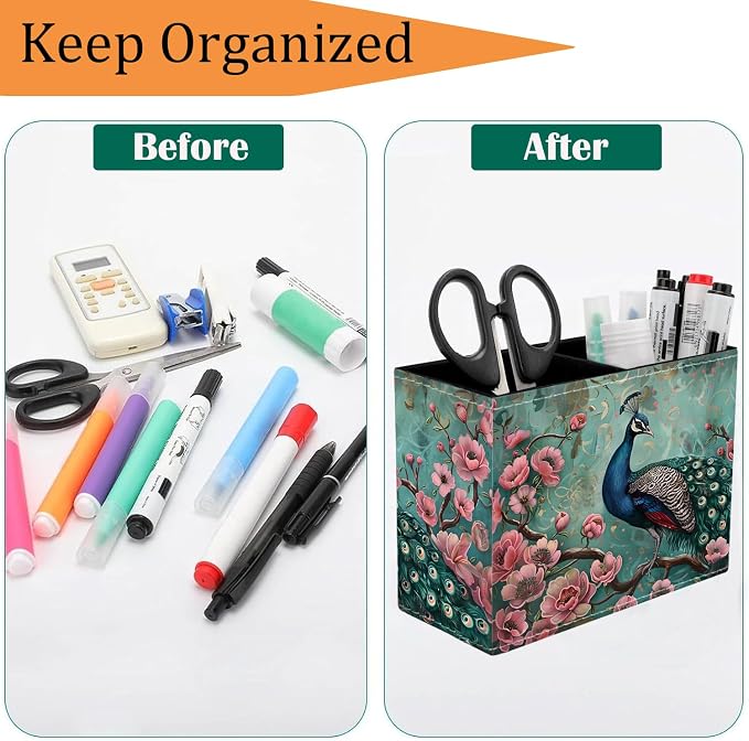 Pen Holder for Desk, PU Leather Multifunctional Desktop Storage Box and Anti-Slip Mouse Pad Set, Makeup Brush Holder Pen Organizer for Office and Home - Peacock