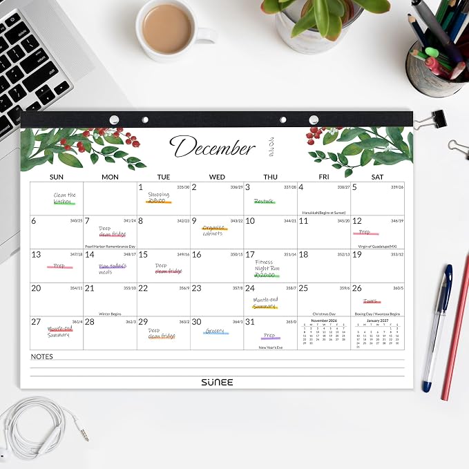 SUNEE Desk Calendar 2026-2027 17" x 12", 18 Month Calendar Jul. 2026 - Dec. 2027, Calendar 2026-2027 With Notes, for Planning, Organizing in Family, School or Office - Greenery
