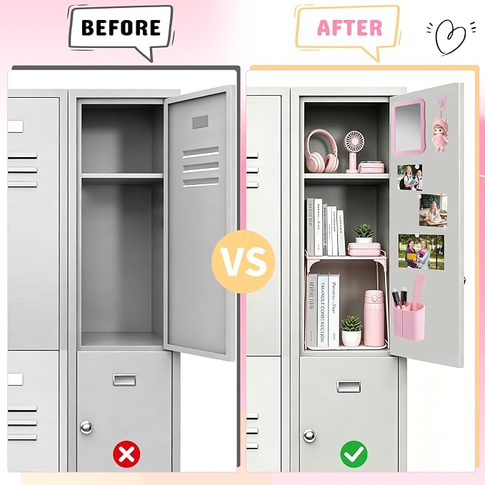16 Pcs Locker Accessories Kit, School Locker Organizer Set with Shelf, Magnetic Mirror, Pen Holder, Whiteboard Marker, Plush Rug and Wall Decals (Pink)