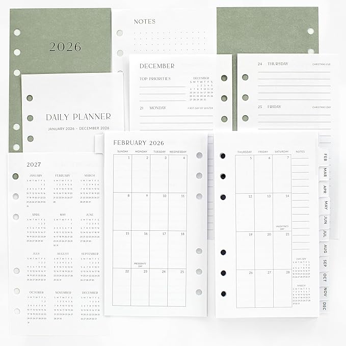 Beautiful 2026 Daily Planner Inserts for 6 Ring Binders - Durable Paper Refill Set 3.75" x 6.75" Personal Planner Size - Incl. Tabs & Monthly Calendar Spreads - From January 2026 - December 2026