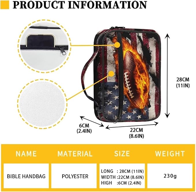 Fire American Football Flag Pattern Bible Covers for Women & Men, Bible Case and Organizer Bible Carrying Case with Zippered Pocket Bible Protective Bag
