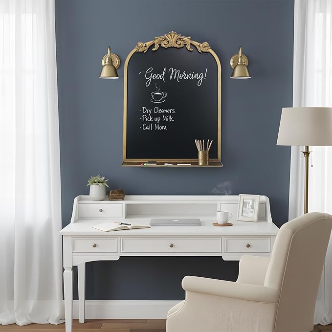 Vintage Magnetic Arch Chalkboard with Shelf - 18"x24" Decorative Wall Mounted Ornate Gold Framed Blackboard with Chalk, Clips & Cloth - Elegant Wedding Sign & Kitchen Menu Home Decor