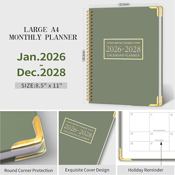2026-2028 Monthly Planner - 3 Year Monthly Planner 2026-2028, Jan. 2026 - Dec. 2028, 8.5" x 11", 36 Months Calendar Planner with Spiral Bound, Notes Pages, Perfect for School & Office for Women & Men - Green