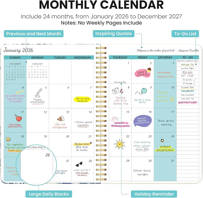 Monthly Planner 2026-2027, Aesthetic 2 Year Months Planner Calendar, 24-Months from January 2026 - December 2027, 26-27 Monthly Calendar Planner, Perfect for School Office Home, 7" x 10" - Blue Elegance