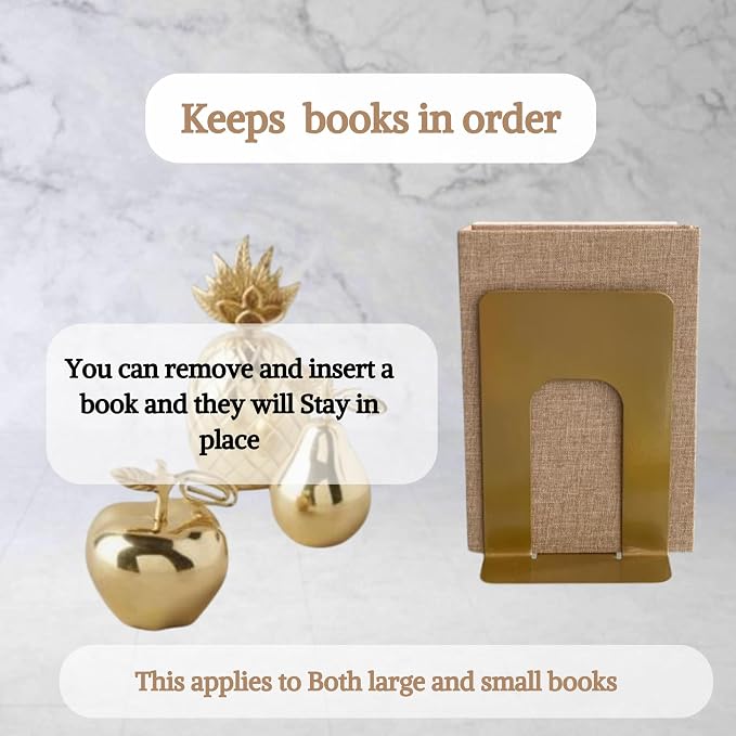 Alessk Dark Matte Gold Metal Bookends for Shelves – Heavy Duty Decorative Bookends for Heavy Books – Modern Book Ends for Office Bookshelf- has 3 Non-Slip Pads at the Bottom – 4 Pairs (8 Pieces)