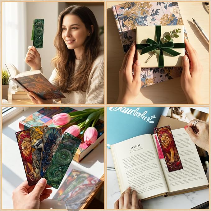 4 Pcs Stained Glass Animal Bookmarks for Women Men, Magic Transparent PVC Bookmark with Tassels, Fantasy Reader Gift, Cool Book Marks Accessories for Reading Lovers Bookish