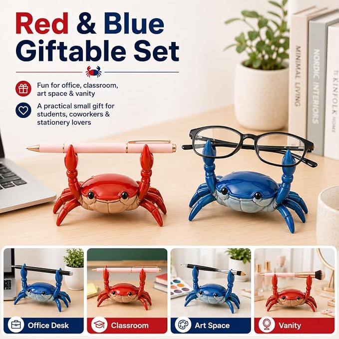 GOOGO 2 Pieces Cute Crab Pen Holder & Eyeglass Stand, for Back to School Graduation Gift Office Home Store Accessories Holder, Unique and fun gifts