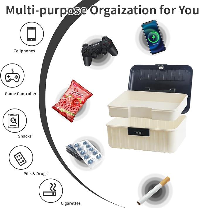 Saim Lockable Storage Box with Resettable Combination Lock, Plastic Trunk with Handle for Home, Office, Travel, Documents, Jewelry, Medicines, Snacks, Cell Phone Smart Device (Black-Large)