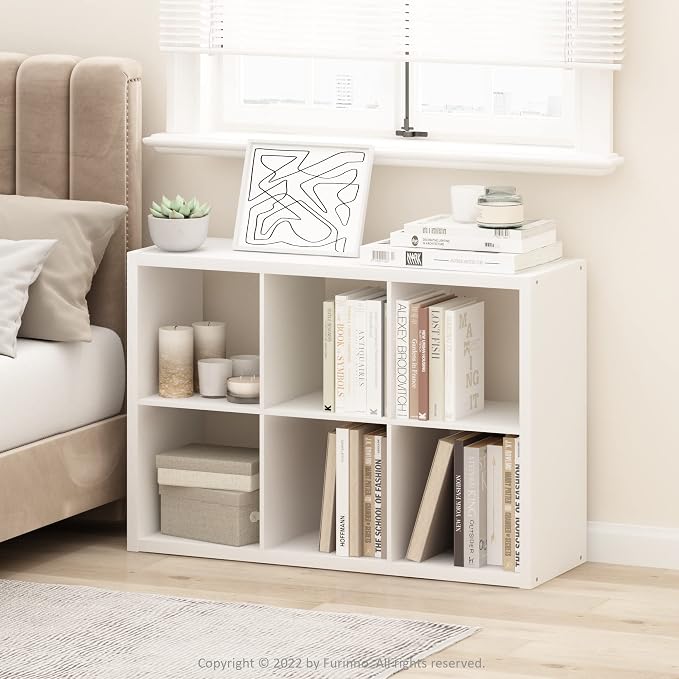 Furinno Cubicle Book Shelf, 6-Cube Bookshelf, Extra Thick Frame Horizontally & Vertically Reversible Bookcase with Open Back, 14.6" x 44" x 30", for Living Room, Bedroom, Home Office, White