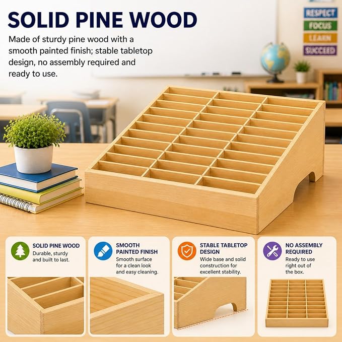 XICHENGSHIDAI 36-Grid Classroom Cell Phone Holder, Wooden Mobile Phone Storage Box, Desk Organizer for Teachers, School and Office