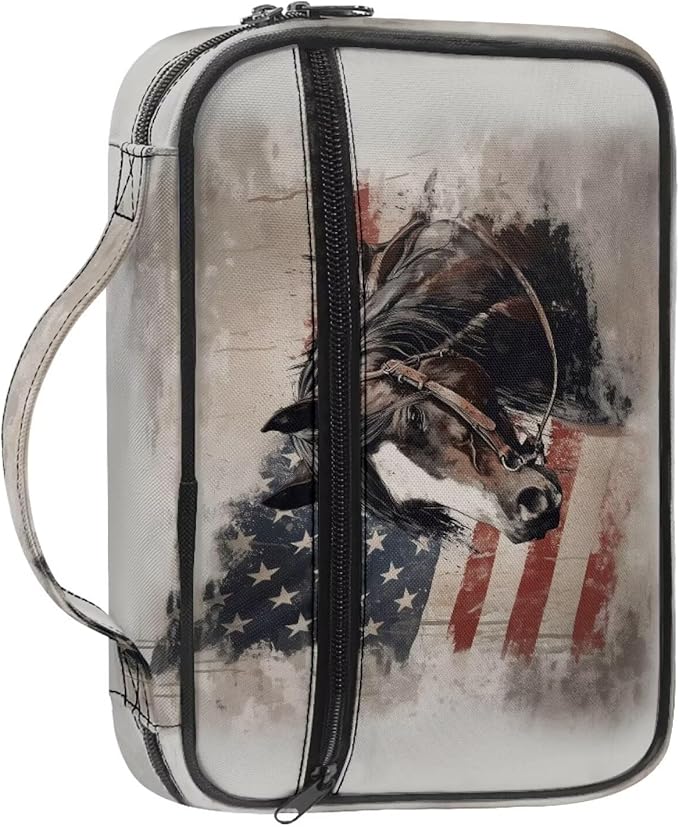 American Flag & Horse Print Bible Covers for Women Men Zippered Bible Carrier Book Bag Church Bag Bible Protective with Handles Christian Gifts