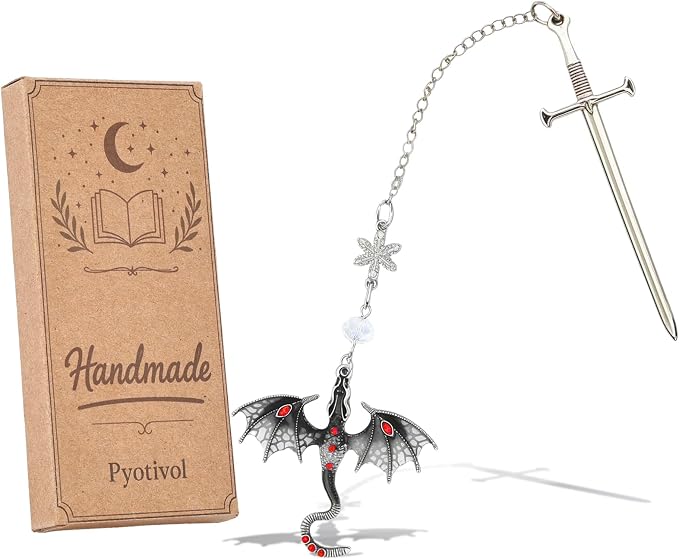 Vintage Fourth Wing Bookmark, Sword Bookmarks with Gray Dragon Chain Pendant-Fantasy, Cool Book Mark for Reading Women, Men, Book Lovers, Girls, Teens and Students