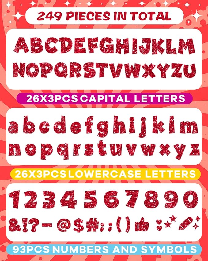 249 Pcs Glitter Bulletin Board Letters Numbers and Punctuation, 4 Inch Alphabet Poster Board Cardboard Letter Cutouts with Adhesive Dots for Classroom Bulletin Board School Decorations (Red)