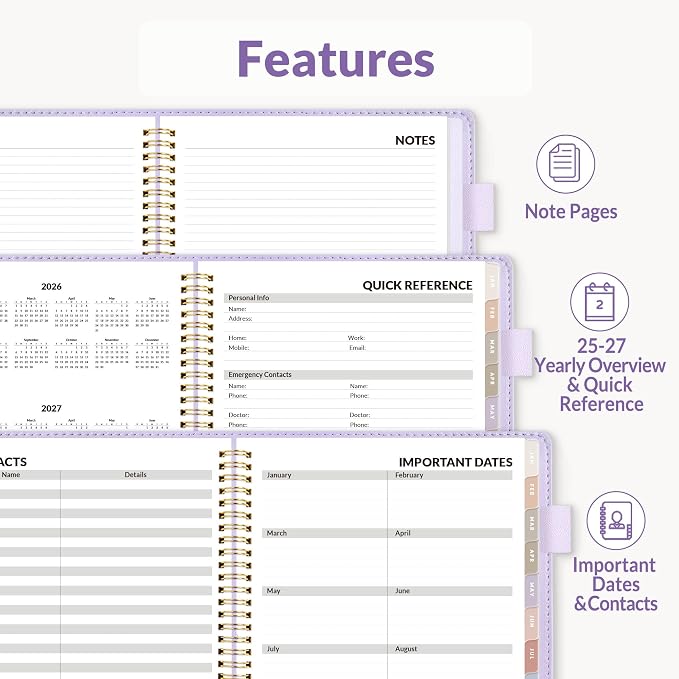 SUNEE 2026 Weekly & Monthly Planner 6.4"x8.5"- 12 Month (January 2026 - December 2026), Vegan Leather Cover, Pocket, Bookmark, Notes, Monthly Tab, Purple