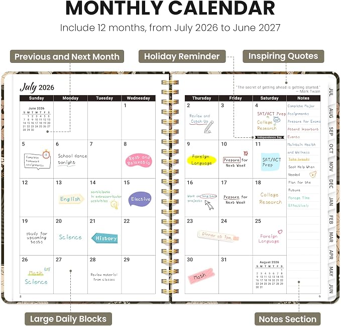 Planner 2026–2027, Academic Planner Weekly and Monthly Calendar Jul 2026 – Jun 2027 Hardcover Planner with Tabs and Pocket, Spiral Bound Agenda Book for Student & Teacher, 8.5" x 11", Wild Rose