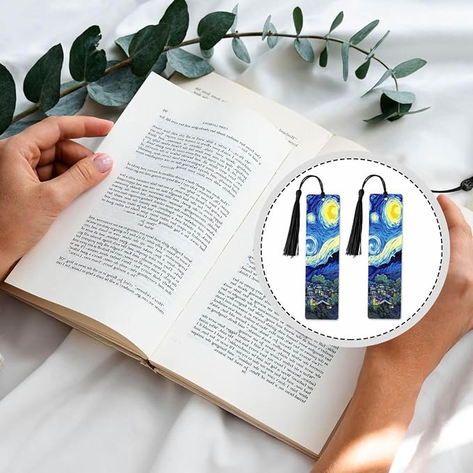 Starry Sky Bookmarks Set 5 with Tassels Blue Mysterious Painting Wooden Bookmarks for Reading Women Men Students Teachers School Supplies