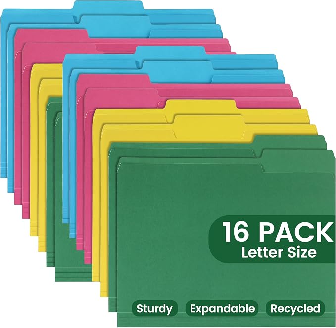 Colored File Folders 16 Packs, Letter Size, 1/3 Cut Tab. Chromatic Manila Folders 8.5 x 11 for Documents, File Folders with Foldable Lines for Easy Storage, Carpetas para Documentos for Office, School