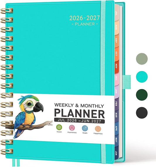 RETTACY Academic Planner 2026-2027, Weekly and Monthly, July 2026 - June 2027, Medium Size (5.7" x 8.3"), Calendar, Agenda, 12-Month Tabs, for Student, Teacher, School (Tiffani Blue)