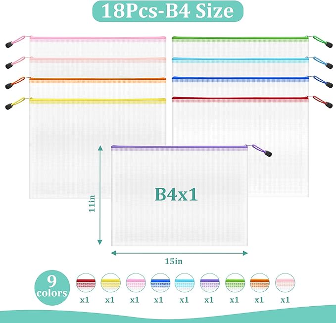 18pcs Mesh Zipper Pouch Bags, B4 Sizes Zipper Pouch, Mesh Bags with Zipper, Plastic Zipper Pouches, 9 Colors Zipper Pouches for Organizing, Puzzles, Travel, School Office Organize