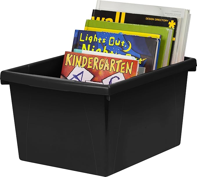 Storex 4 Gallon Storage Bin – Plastic Classroom Organizer for Books and Supplies, Black, 6-Pack (61466C06C)