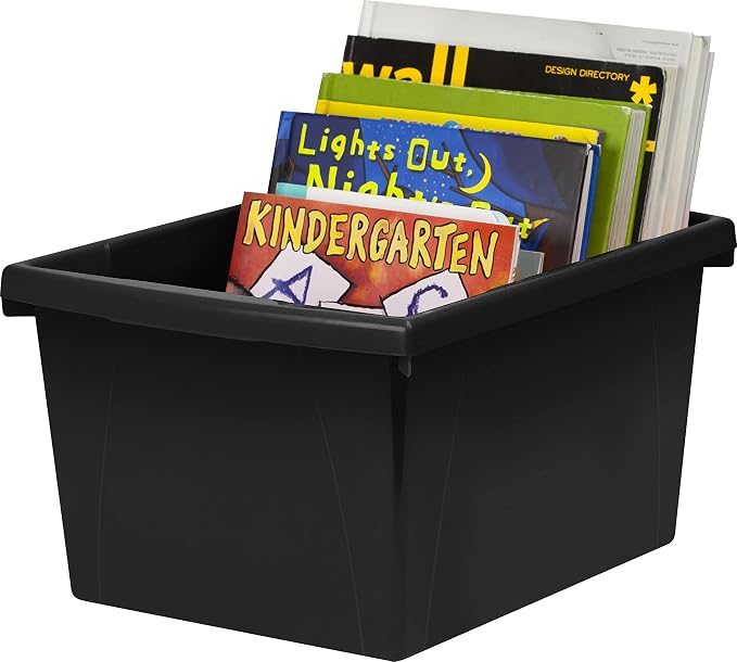 Storex 4 Gallon Storage Bin – Plastic Classroom Organizer for Books and Supplies, Black, 1-Pack (61466F06C)