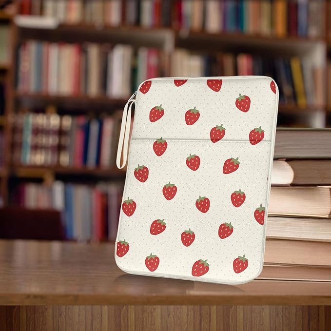 Book Pouch, Book Sleeve with Zipper and Extra Sleeve Pocket Paperback Hardcover Protector, PU Leather Waterproof for Girls Teacher Students-Strawberies