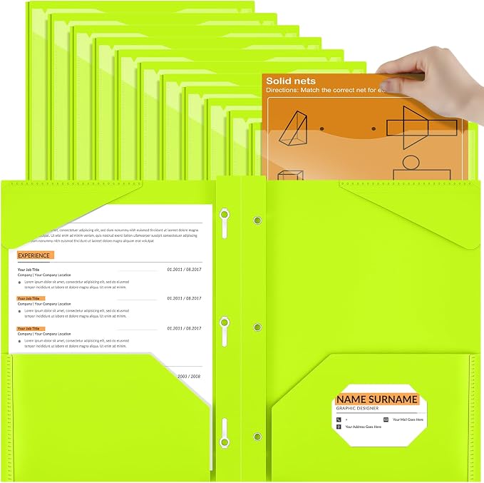 Henoyso 18 Pcs Plastic Folder with Clear Front Pocket and 3 Prong Plastic Folders with Card Slot Pocket Folders with Prongs for School Office (Fluorescent Green)