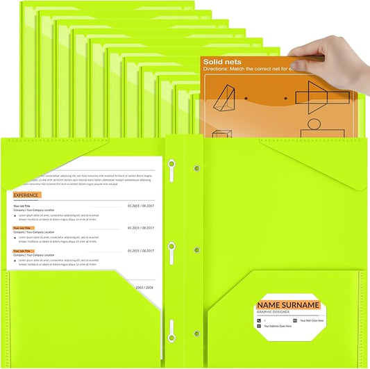 Henoyso 18 Pcs Plastic Folder with Clear Front Pocket and 3 Prong Plastic Folders with Card Slot Pocket Folders with Prongs for School Office (Fluorescent Green)