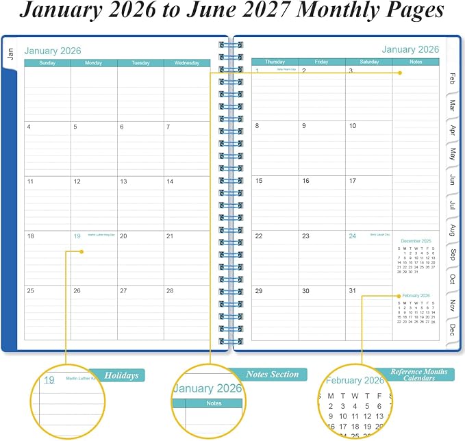 2026-2027 Monthly Planner - January 2026 - June 2027, Two Pages Per Month, 18 Monthly Calendar/Planner with Tabs, Inner Pocket, 6.4" x 8.5", Black