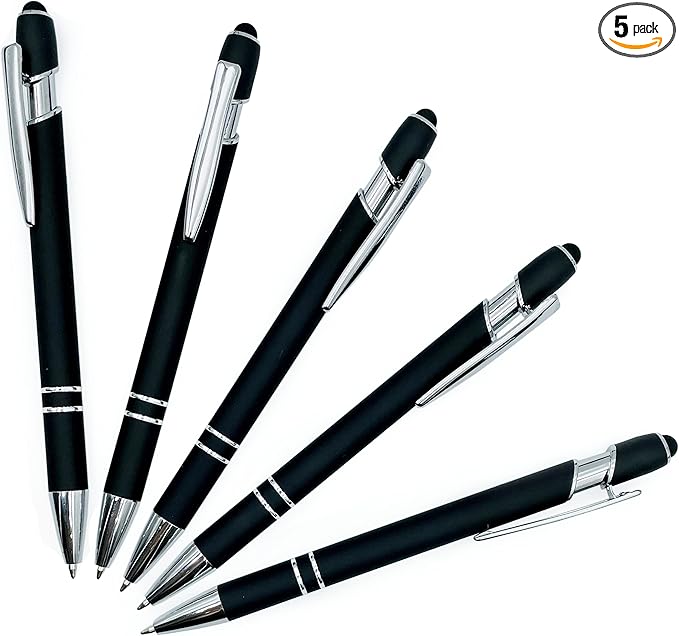 Lenden Pack of 5 Rubberized Comfort Soft Touch 2 in 1 Ballpoint Pen Capacitive Stylus Tip, Premium Metal Medium Point, Black Ink, Compatible with Most Touch Screens (Black)