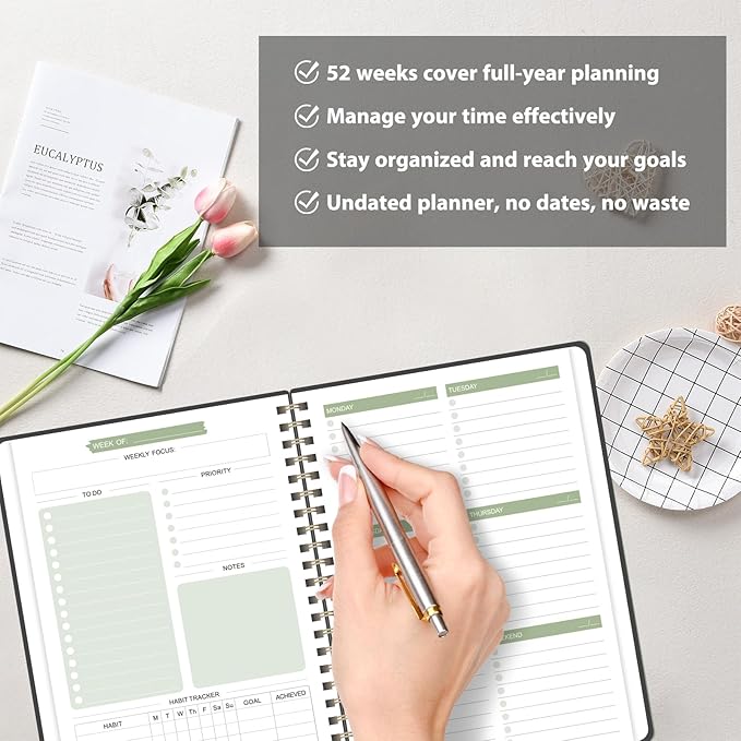 Undated Weekly Planner, Weekly To Do List Notebook with Goal, Organizer & Habit Tracker, A5 Daily Planner with Spiral Binding, Ideal for Office School Suppies