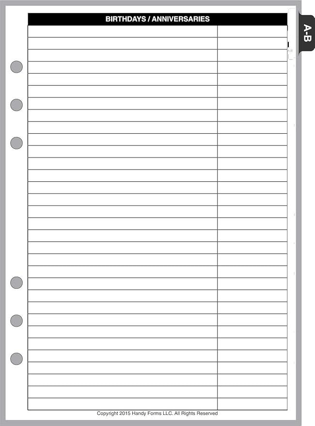 A5 Size Name & Address Refill, Sized and Punched for 6-Ring A5 Notebooks by Filofax, TMI, and others. Sheet Size 5.83"x8.27" (148mmx210mm). PLEASE CHECK YOUR BINDER TO BE SURE THIS WILL FIT.