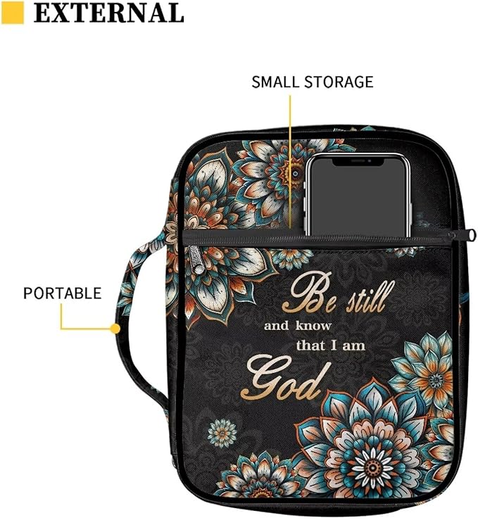 Suobstales Boho Mandala Print Bible Cover Carrying Book Case for Women Men Be Still and Know That I am God Lightweight Bible Bag Bible Protective with Handle and Zippered Pocket