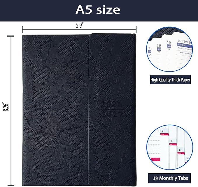 Planner 2026-2027, Weekly Monthly Academic Calendar for Jul 2026 - Dec 2027 [18 Month Agenda], 8.26" x 5.9" Faux Leather Cover + Thick Paper (26-27 Navy Blue)