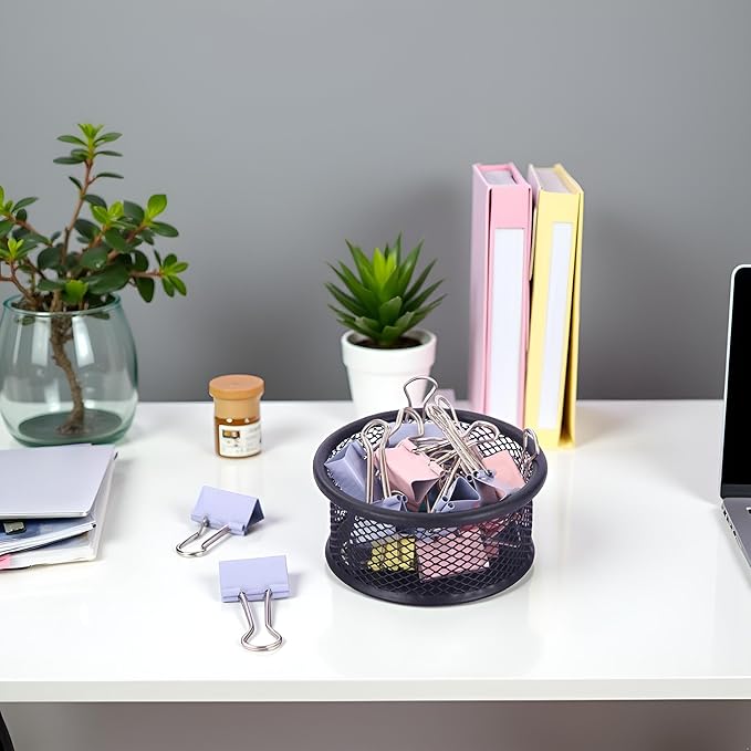Black Metal Mesh Desk Organizer - Multi-Purpose Clip Holder for Office and School Supplies, Paperclip/Binder Clip Dispenser with Non-Slip Base (Home Office, Classroom, Study Desk Accessories)