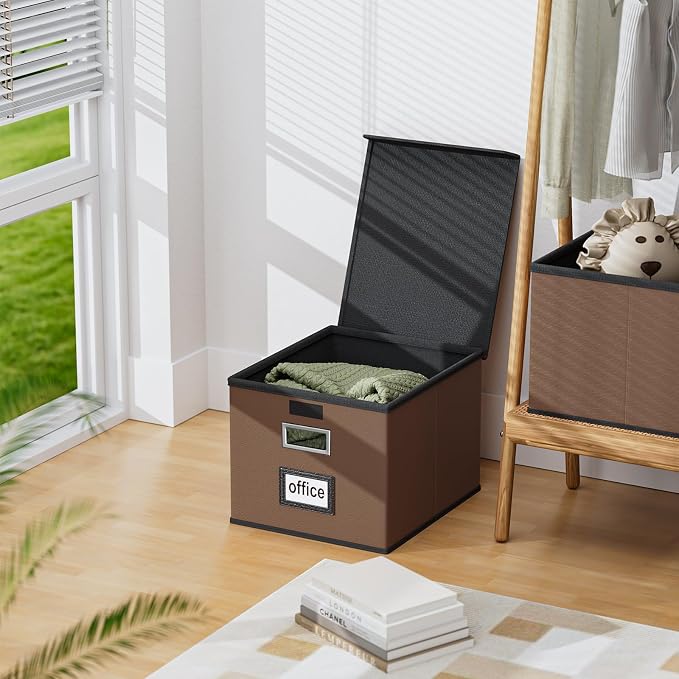 File Organizer Box with Lid, Collapsible Leather File Folder Organizer for Office Document Storage, Filing Box with Plastic Slide for Letter/Legal Size Hanging Files, Dark Brown, 4 pack