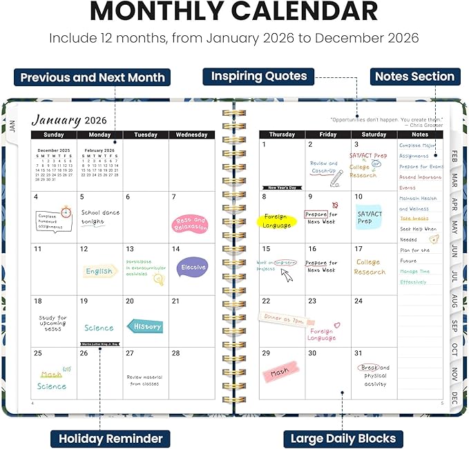 2026 Planner, Weekly and Monthly Planner for Women, January 2026 - December 2026, Hardcover 2026 Calendar Planner Book with Tabs, Inner Pocket, Spiral Bound, Perfect for Office Home School Supplies - A5 (6.3" x 8.5"), Petal Array