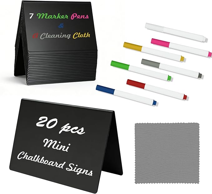 20 Pack 4"x3" V-Shaped Mini Chalkboard Signs, Self-Standing Tabletop Food Labels for Wedding, Bakery, Buffet, Easy to Write & Wipe Off, Includes 7 Color Chalk Markers, Cleaning Cloth
