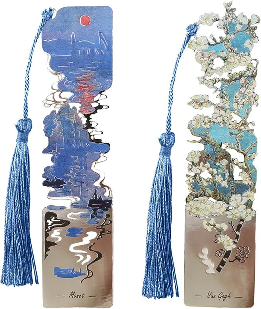 2 PCS Metal Bookmarks with Tassel, Almond Blossoms and Impression Sunrise Bookmark