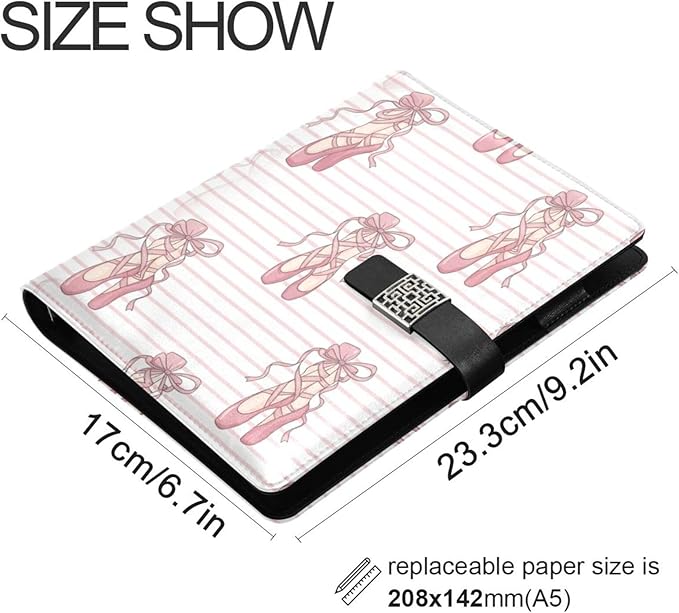 Pink Ballet Ribbons Pattern PU Leather Notebook A5 Binder 6 Ring Refillable Journal with Magnetic Buckle Closure Loose Leaf Travel Office Planner Budget Binder Notepad Portfolio